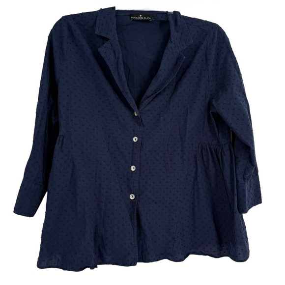Pomander Place Tuckernuck Scarlett Top Womens Large Blue Swiss Dot Button down - Picture 1 of 10